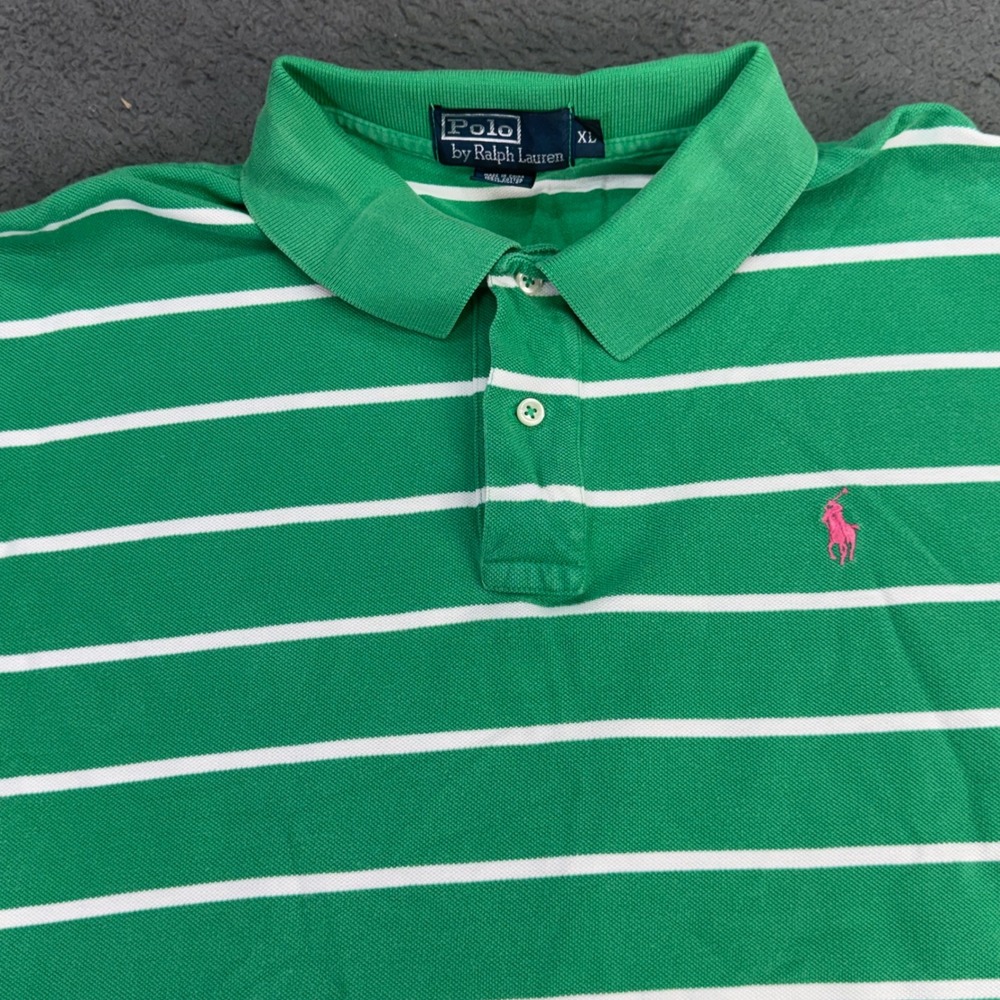 Polo Ralph Lauren Polo Shirt Mens XL Green White Striped Pink Pony Short Sleeve